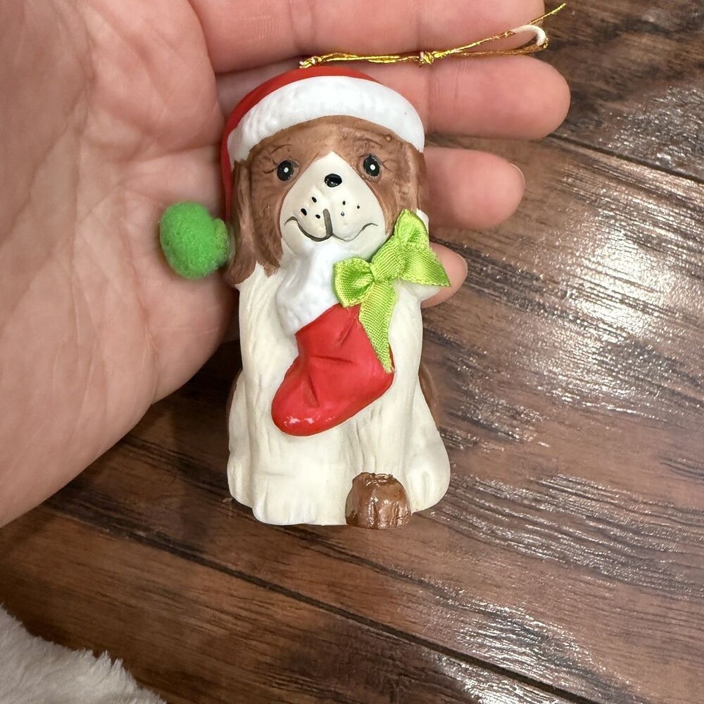 Vintage Holly Bells Ceramic Puppy Dog Bell Christmas Ornament - Giftco 1986, H1